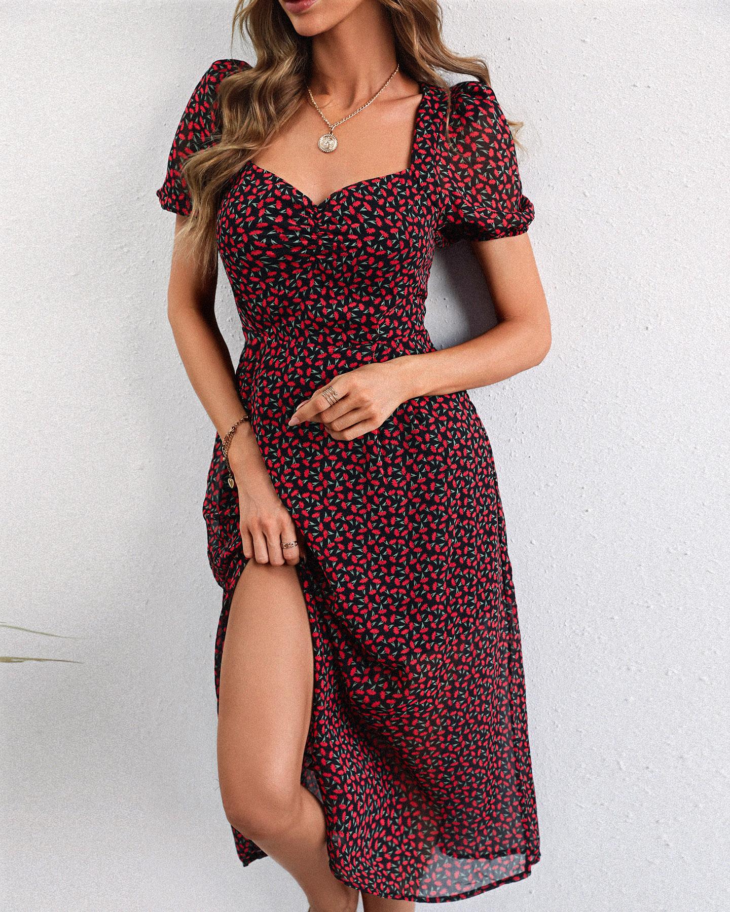 

Ditsy Floral Print Puff Sleeve Slit Maxi Dress, Black