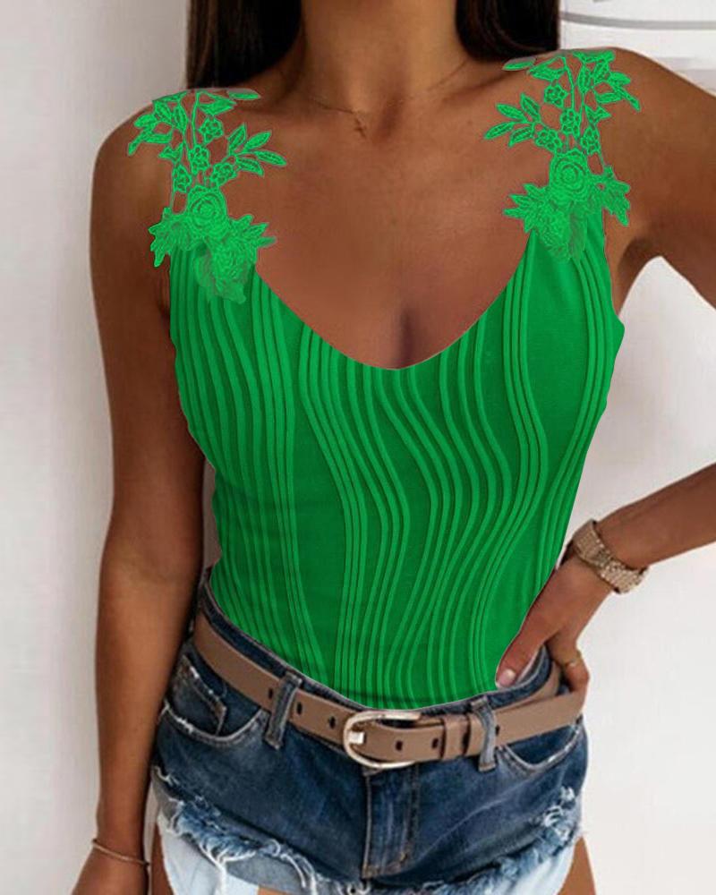 

Lace Patch Textured Tank Top, Green