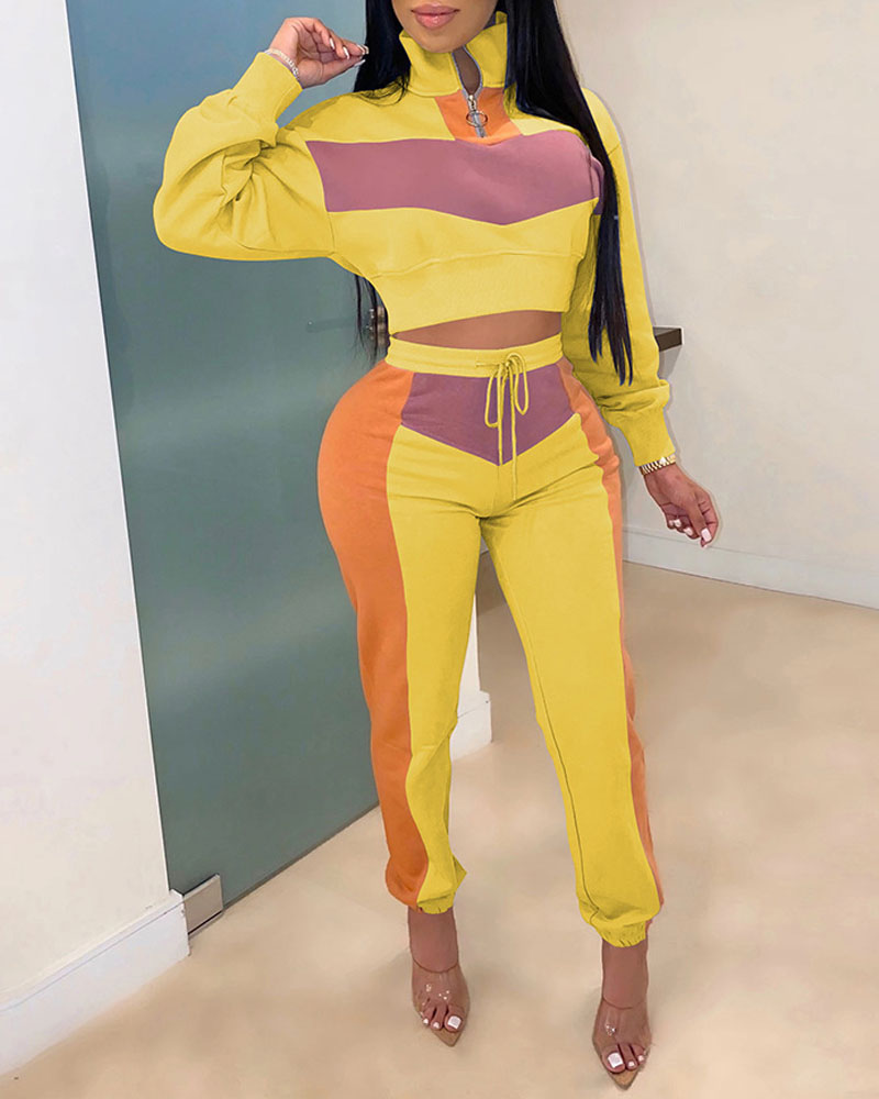 

Colorblock Patchwork Zip Front Top & Drawstring Pants Set, Yellow