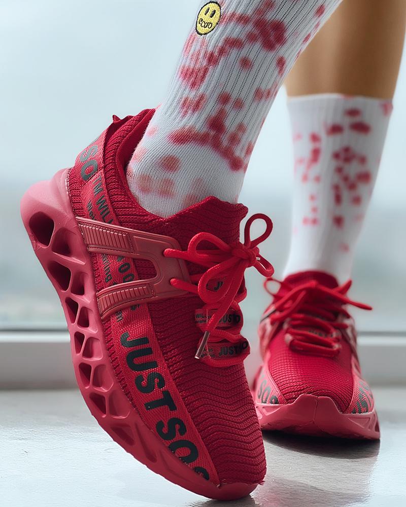 

Letter Pattern Lace-up Knit Sneakers, Red