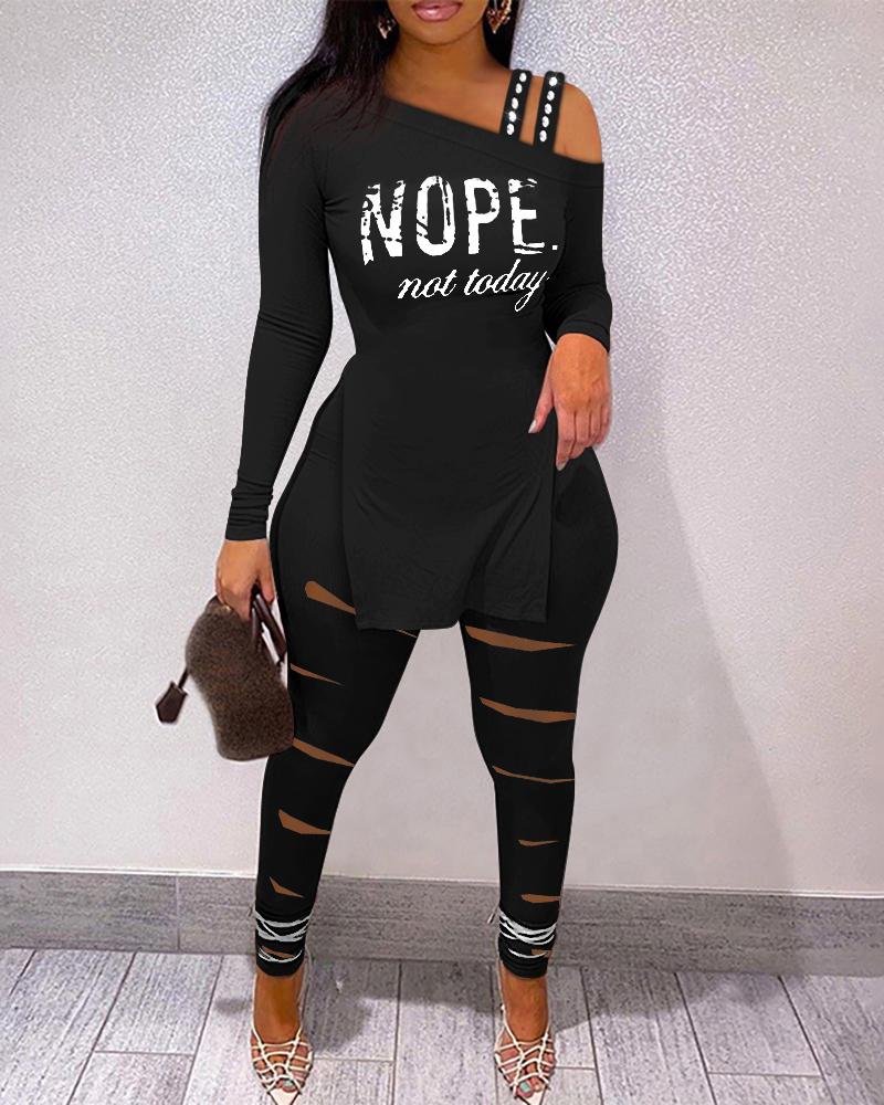 

Letter Print Cold Shoulder Top & Ladder Cutout Pants Set, Black