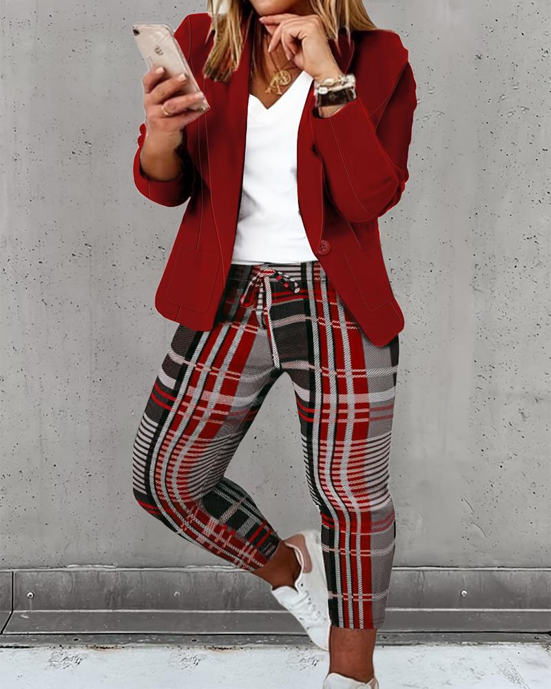 

Plus Size Plaid Print Blazer Coat & Drawstring Pants Set, Red