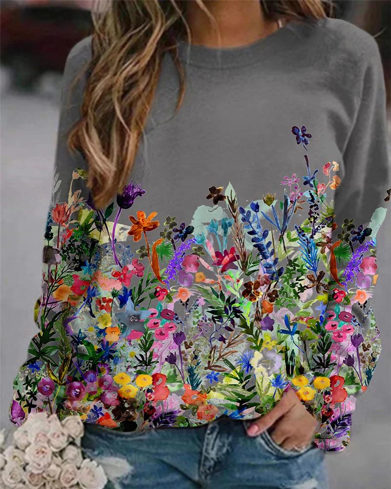 

Floral Print Long Sleeve Casual Sweatshirt, Gray
