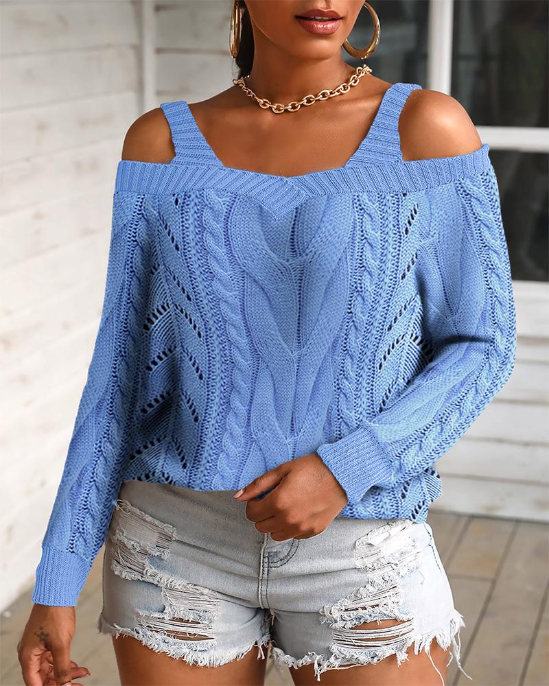 

Cold Shoulder Solid Hollow Out Braided Sweater, Blue