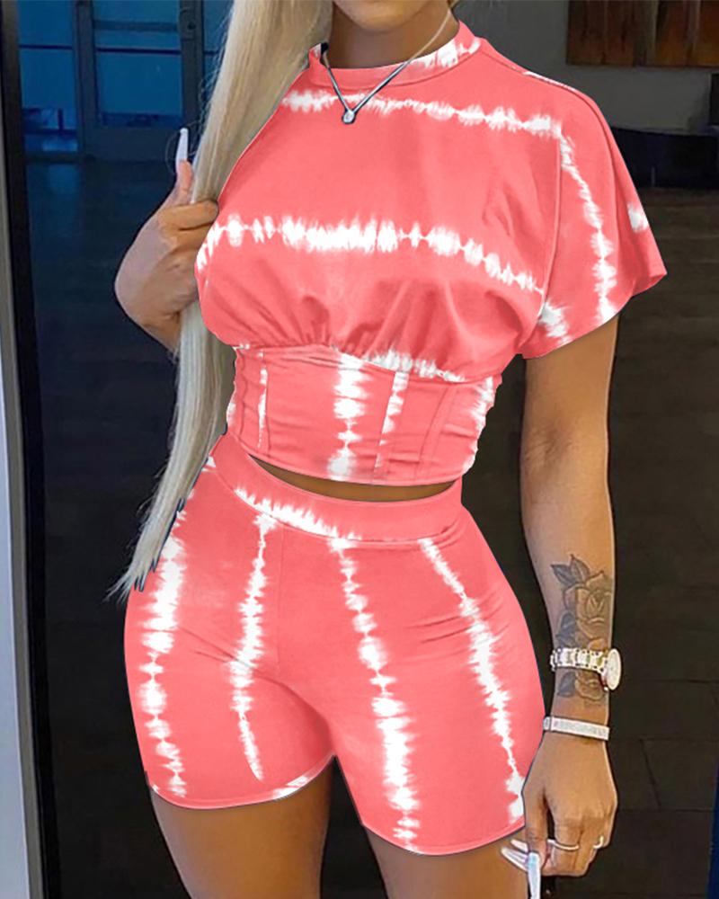 

Tie Dye Print Corset Design Crop Top & Shorts Set, Pink