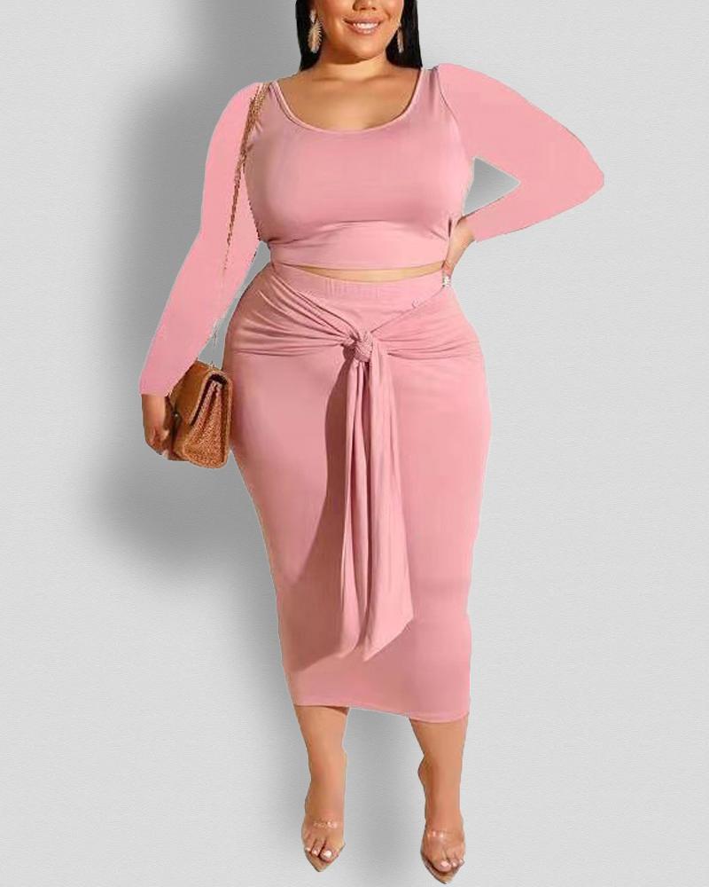 

Plus Size Long Sleeve Crop Top & Tie Front Skirt Set, Pink