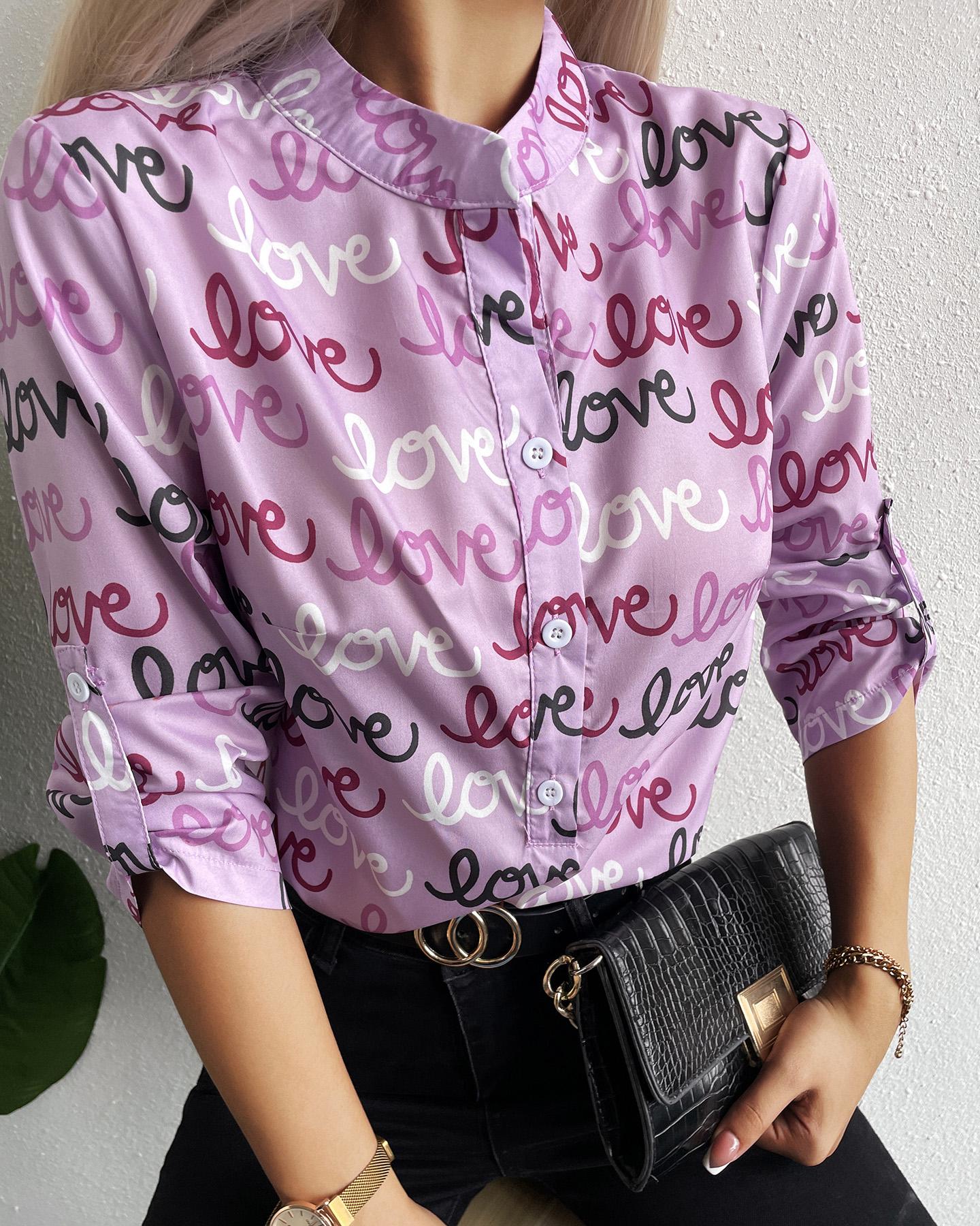 

Letter Print Button Front Casual Shirt, Pink