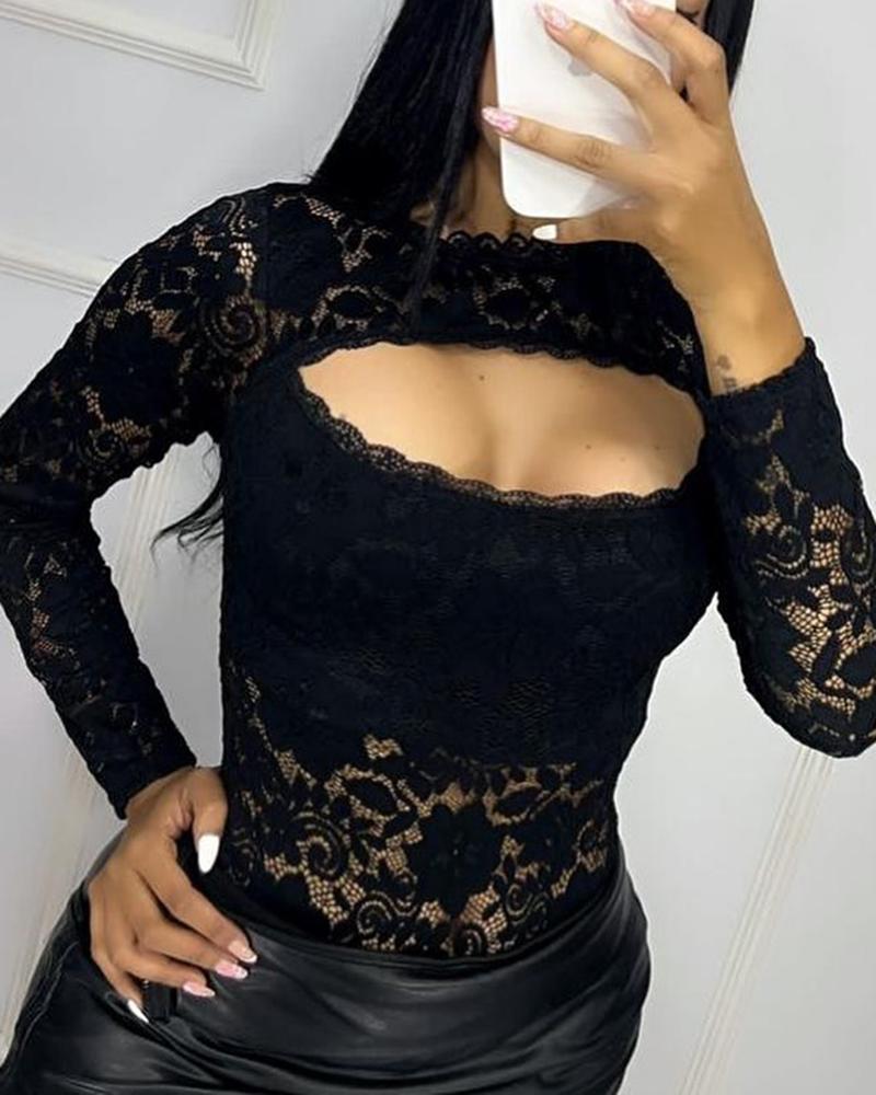 

Crochet Lace Cutout Long Sleeve Top, Black