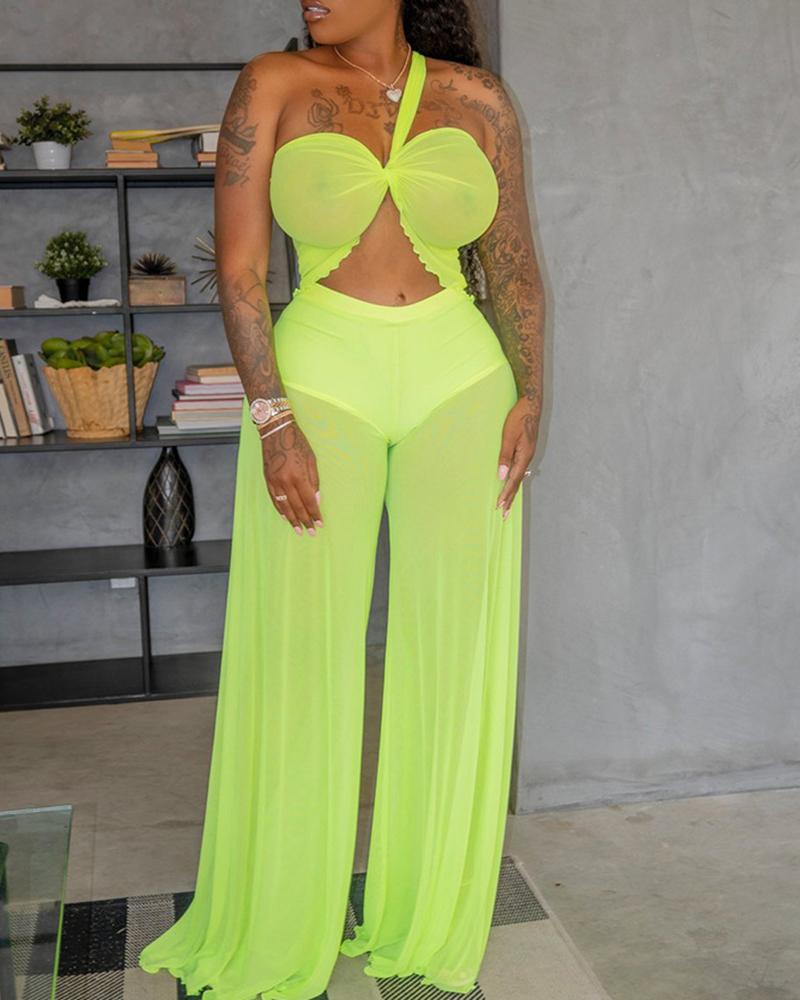 

One Shoulder Twisted Front Crop Top & Sheer Wide Leg Pants Set, Yellow