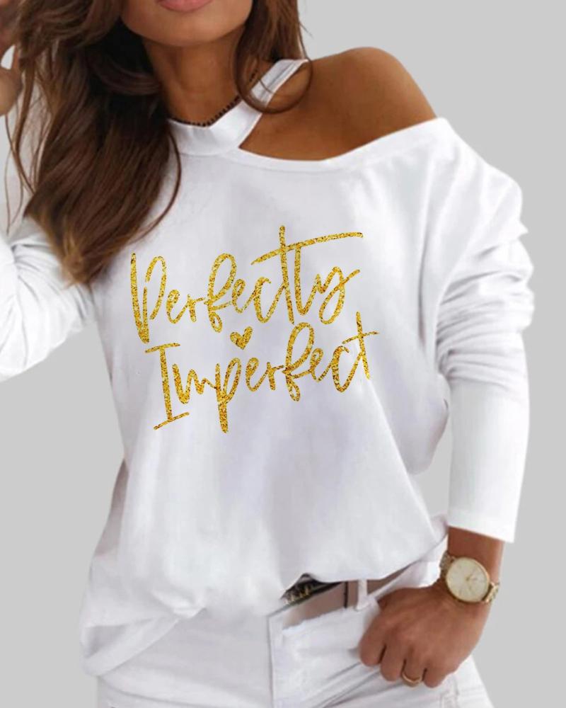 

Valentine's Day Letter Heart Print Cold Shoulder Top, White