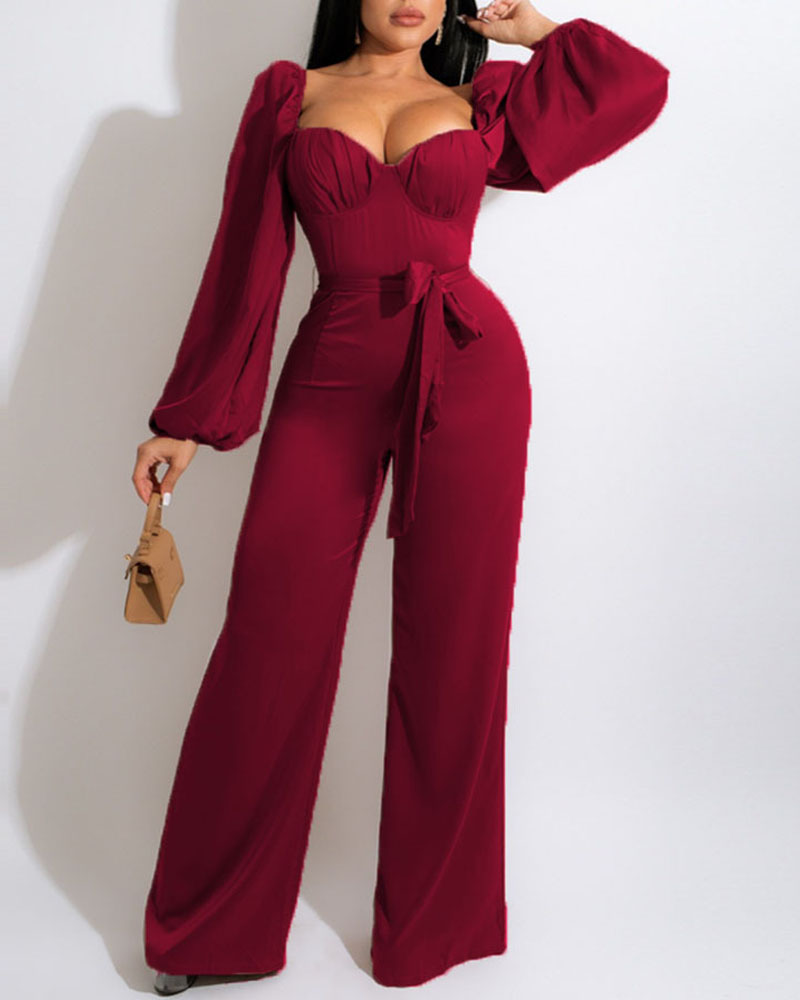 

Puff Lantern Sleeve Shirred Back Belted Jumpsuit, Red