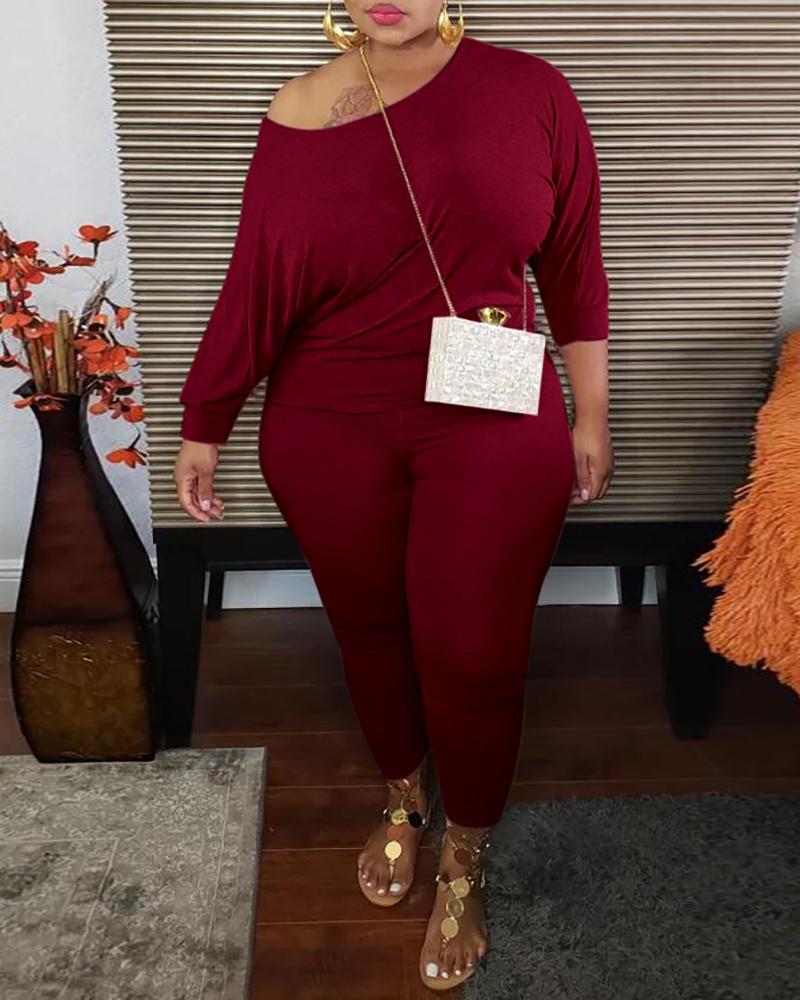 

Plus Size Long Sleeve Casual Top & Pants Set, Wine red