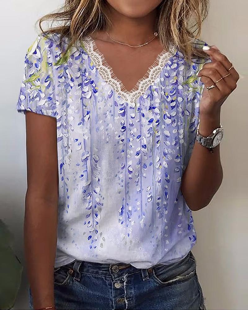 

Plants Print Lace Trim Casual T-shirt, Blue