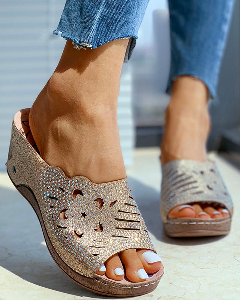 

Studded Hollow Out Wedge Heeled Sandals, Gold