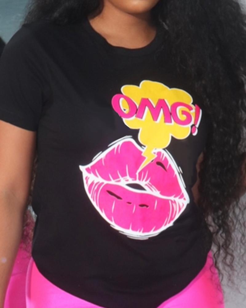 

Lip Letter Print Crew Neck T-shirt, Black