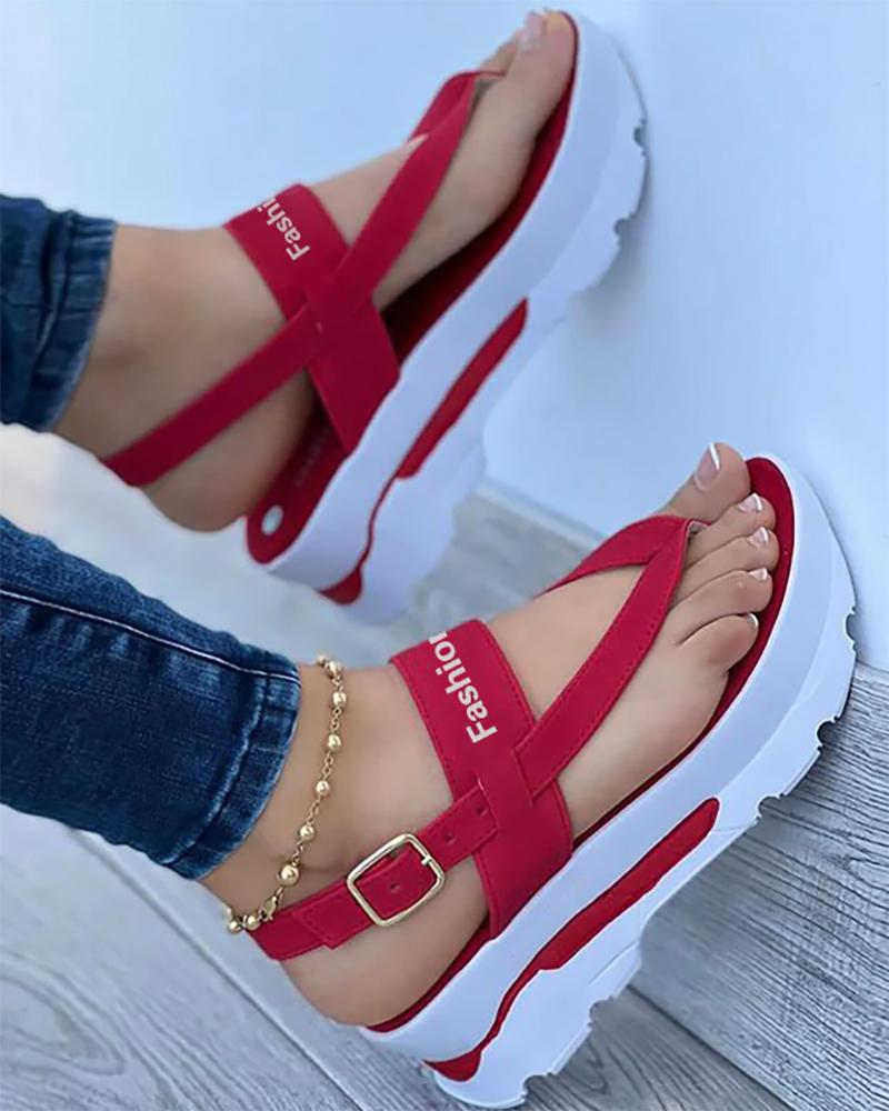 

Toe Post Letter Pattern Buckled Platform Sandals, Red