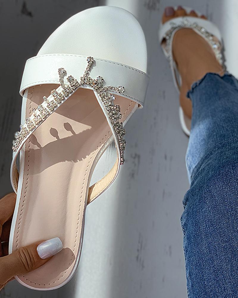 

Rhinestone Cutout Open Toe Flat Slippers, White