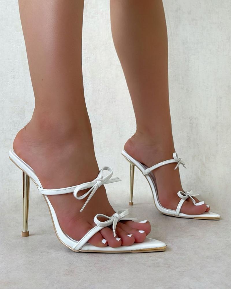 

Solid Bowknot Strap Upper Cut-out Pointed-toe High Heel Sandals, White