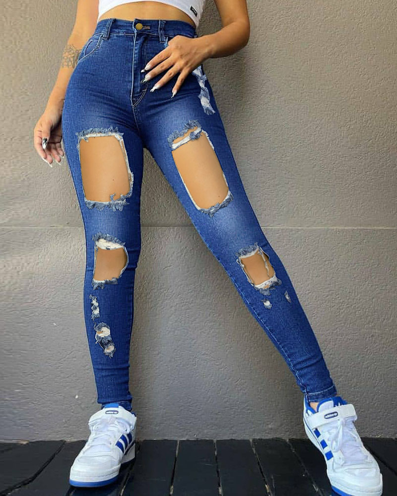 

Rhinestone Decor Zipper Fly Cutout Ripped Skinny Jeans, Blue