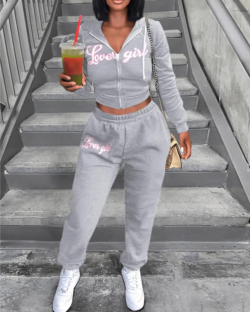 

Letter Print Long Sleeve Zip Up Top & Pants Set, Gray