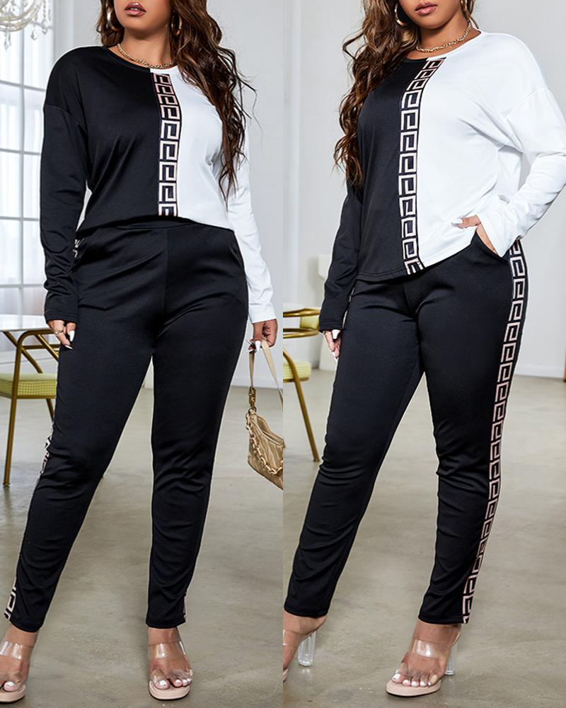 Geometric Trim Colorblock Long Sleeve Top & Pants Set