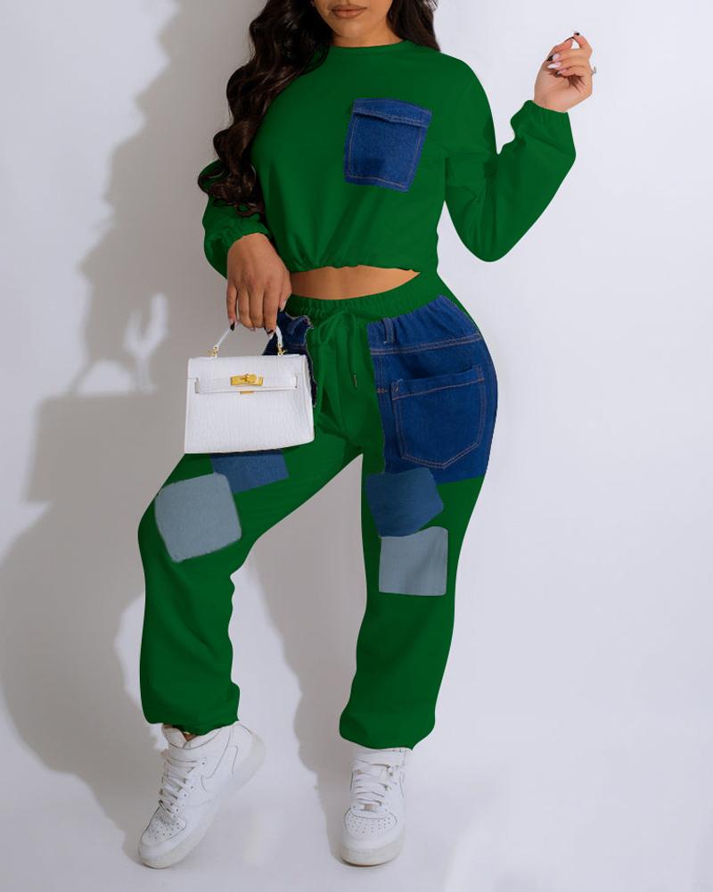 

Contrast Denim Long Sleeve Casual Top & Pants Set, Green