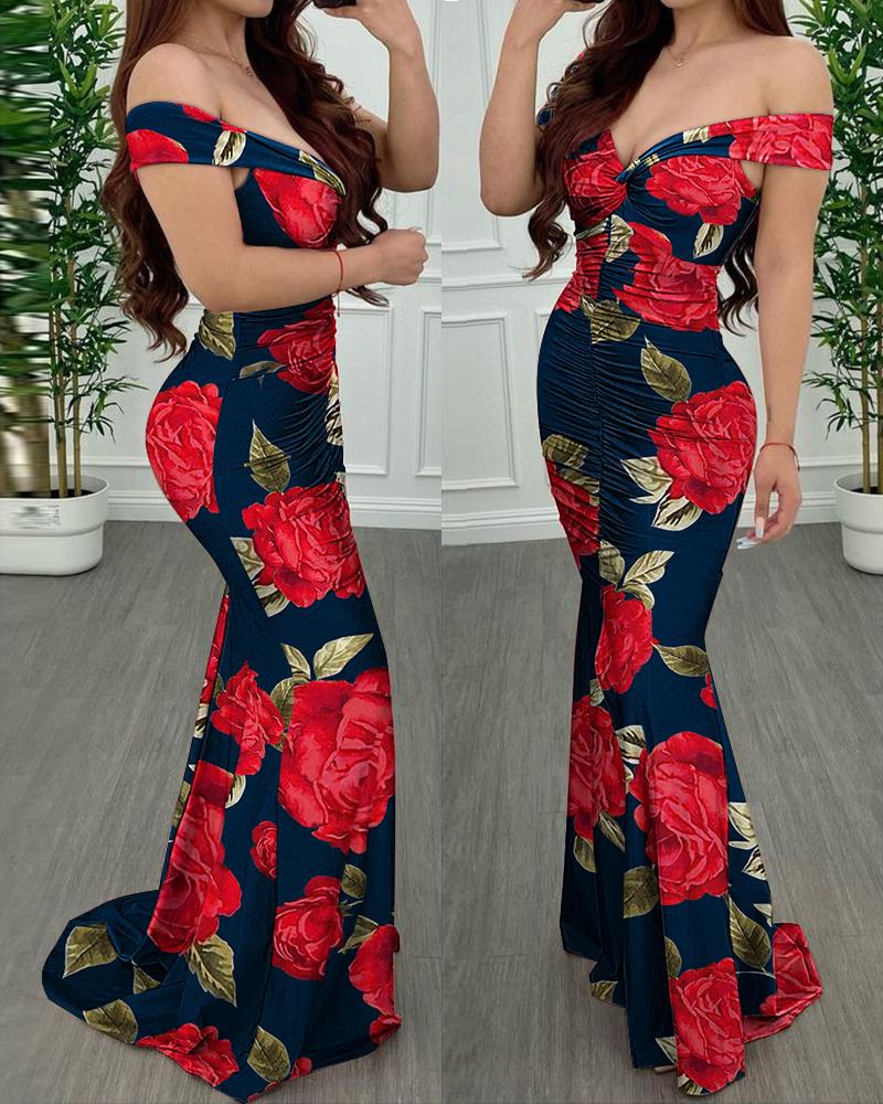 

Floral Print Off Shoulder Twist Ruched Mermaid Maxi Dress, Red