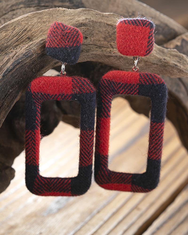 

1Pair Christmas Plaid Rectangle Drop Earrings, Red