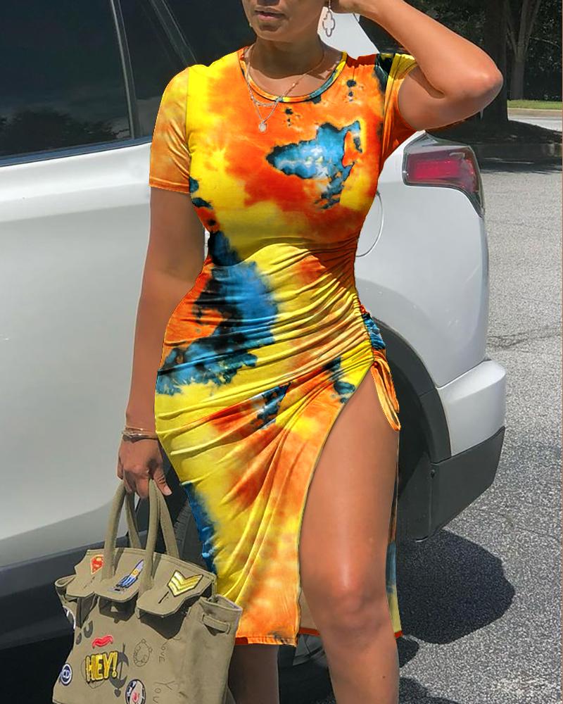 

Tie Dye Print Short Sleeve Drawstring Ruched Skinny Dress, Multicolor