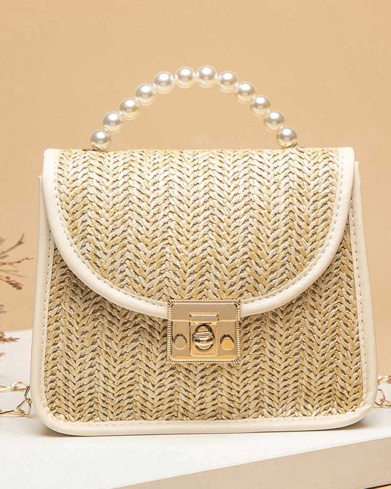 

Beaded Buckled Decor Straw Bag, Beige