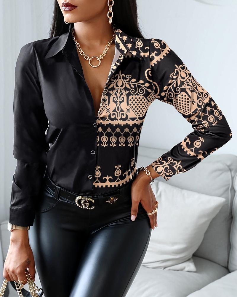 

Tribal Print Long Sleeve Button Down Shirt, Black