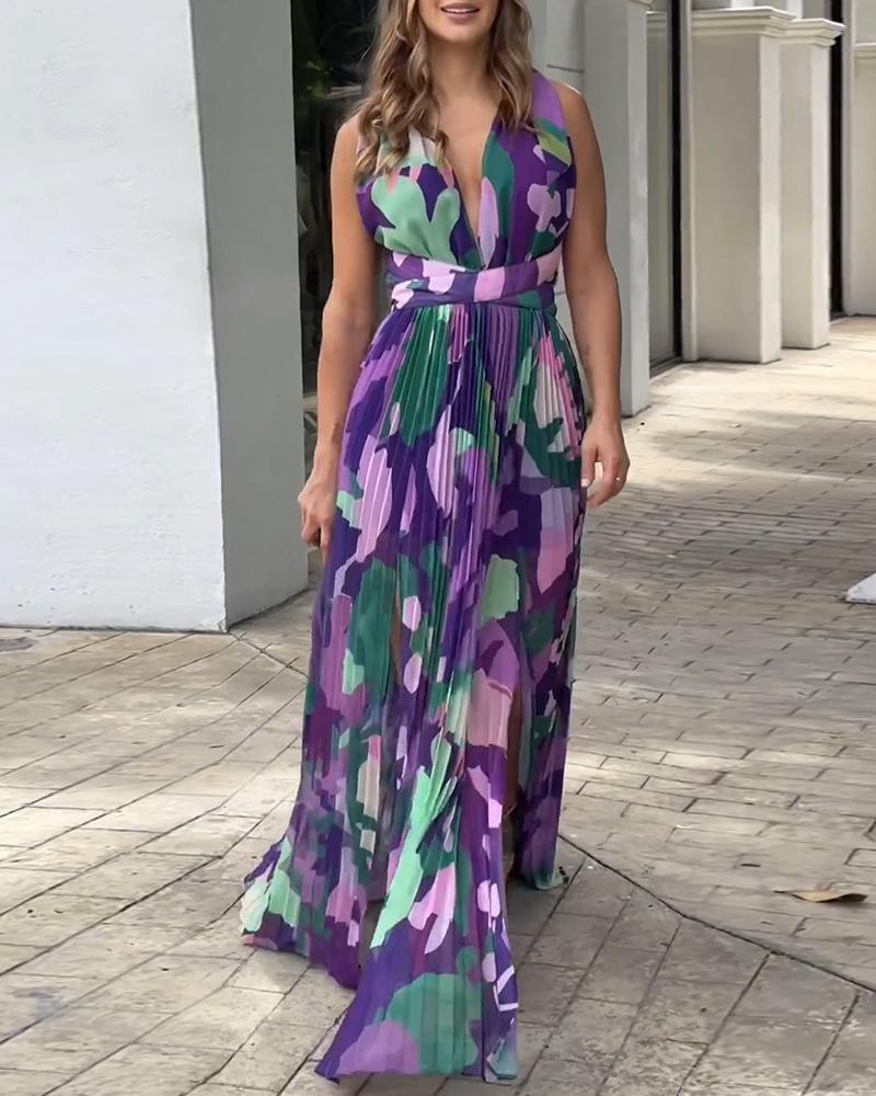 

Floral Print Plunge Backless Slit Maxi Dress, Purple