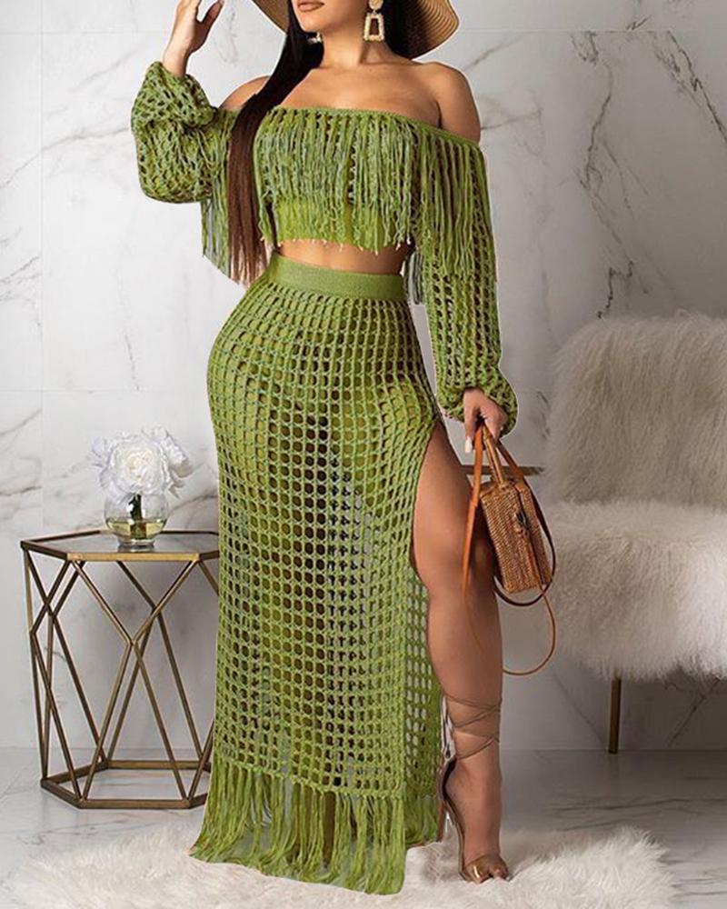 

Crochet Casual Mesh Tassel Beach Top & Skirt Sets Swimwear Cover-ups, Army green