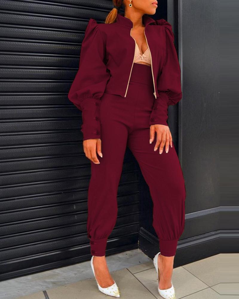 

Lantern Puff Sleeve Zipper Design Top & Pants Set, Dark red