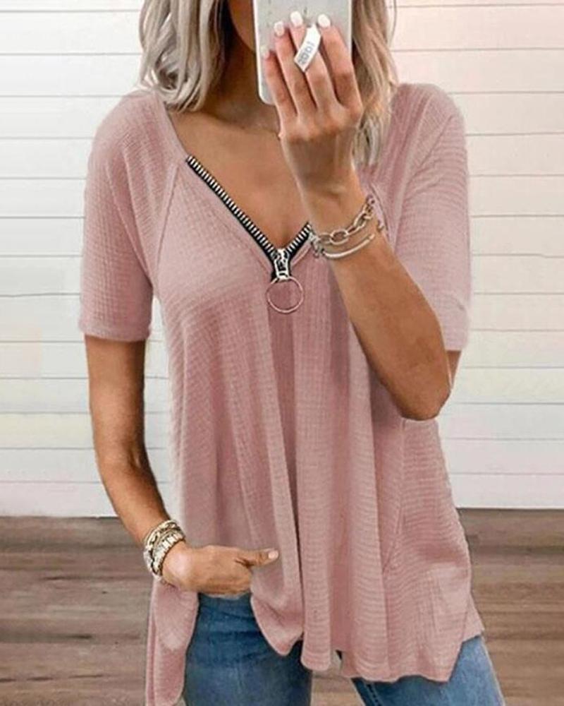

Short Sleeve Zipper Design Ruched Top, Pink