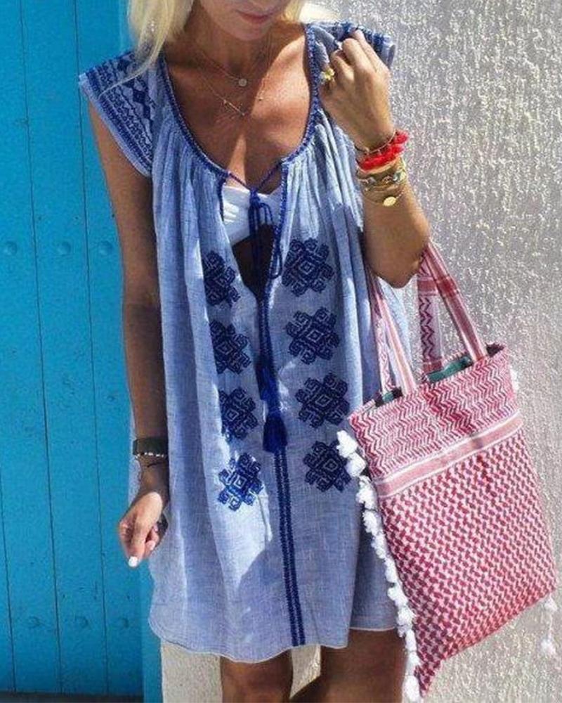 

All Over Print Cut-out Sleeveless Mini Dress, Blue