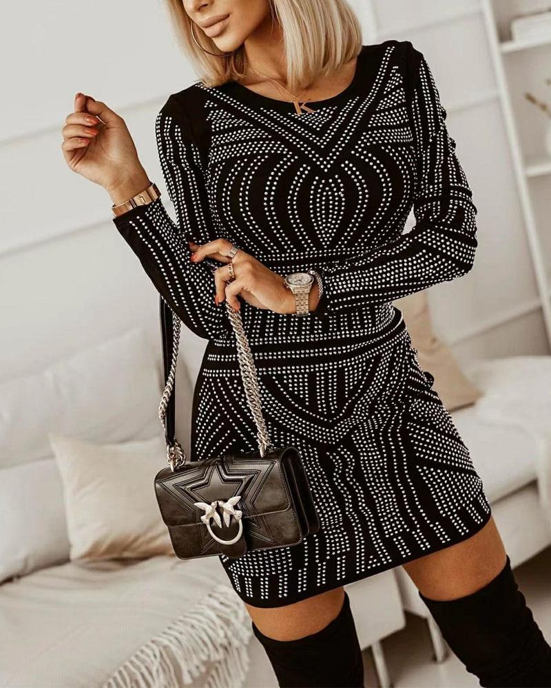 

Rhinestone Decor Long Sleeve Bodycon Dress, Black