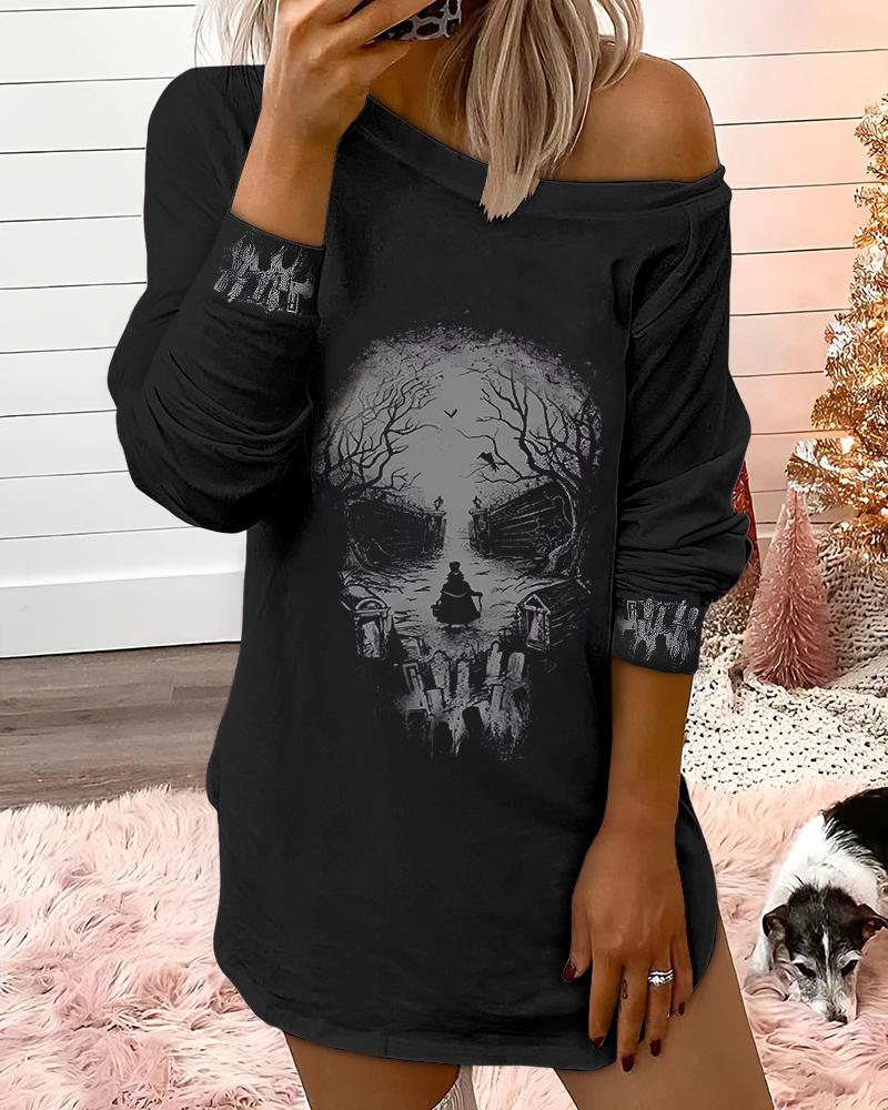 

Halloween Skull Novelty Graphic Print Sweatshirt Dress, Black