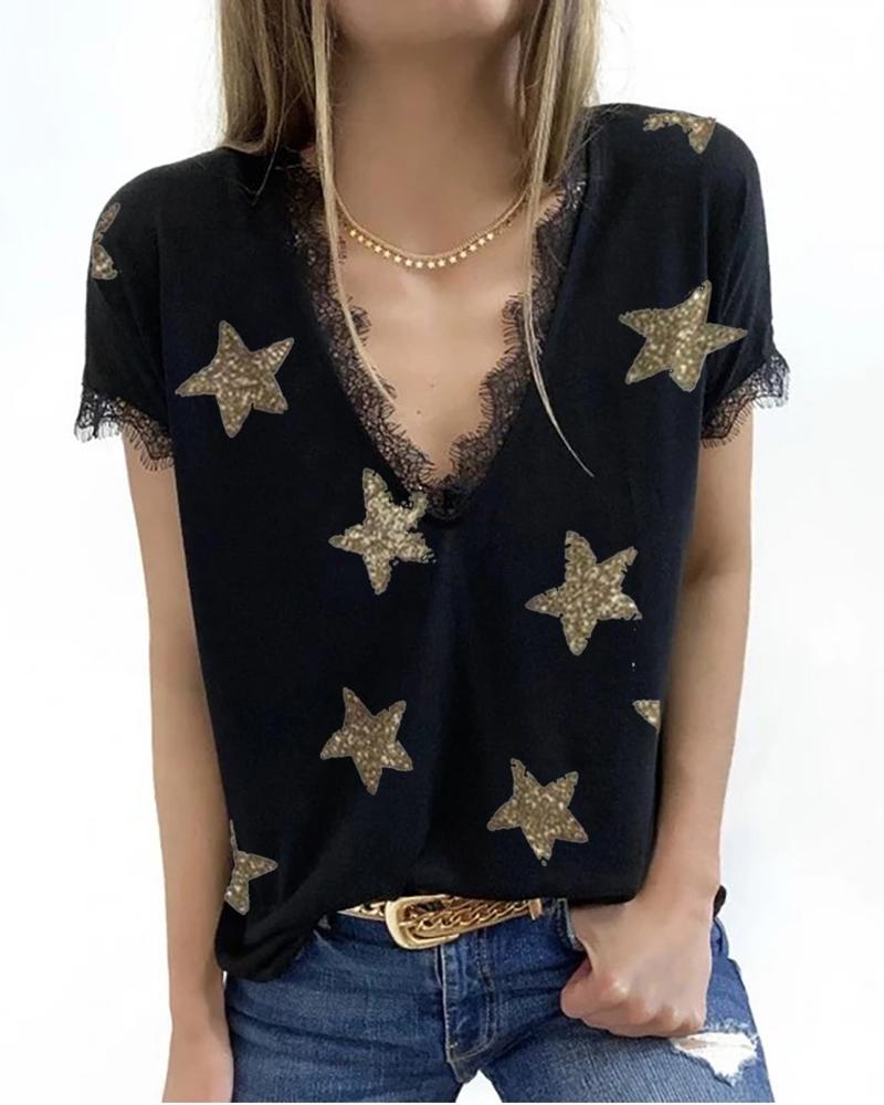 

Star Print Eyelash Lace Trim Top, Black