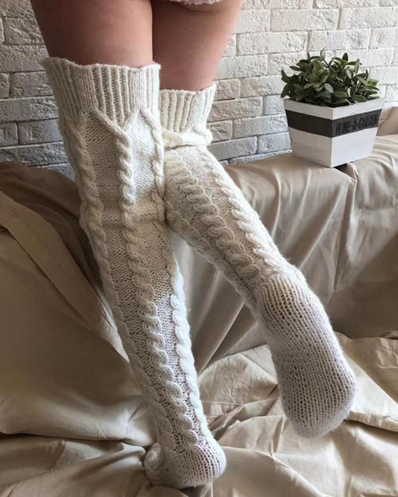 

1Pair Over The Knee Braided Winter Thermal Socks, Beige
