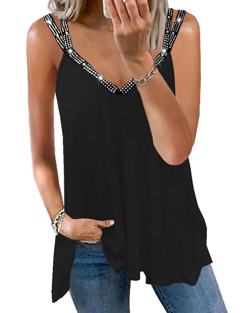 

Rhinestone V-Neck Double Strap Top, Black