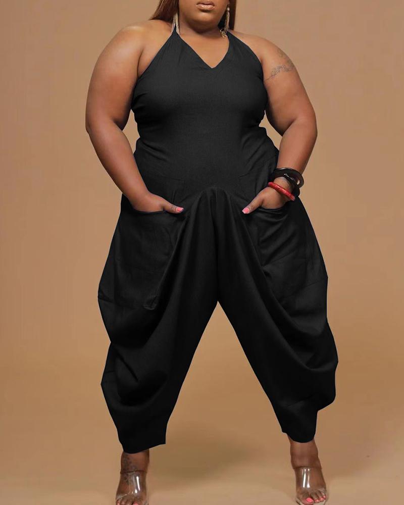 

Plus Size Plain Pocket Design Halter Harem Jumpsuit, Black
