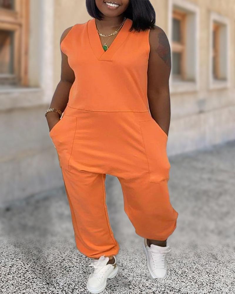 

Plus Size V-Neck Pocket Design Sleeveless Jumpsuit, Orange