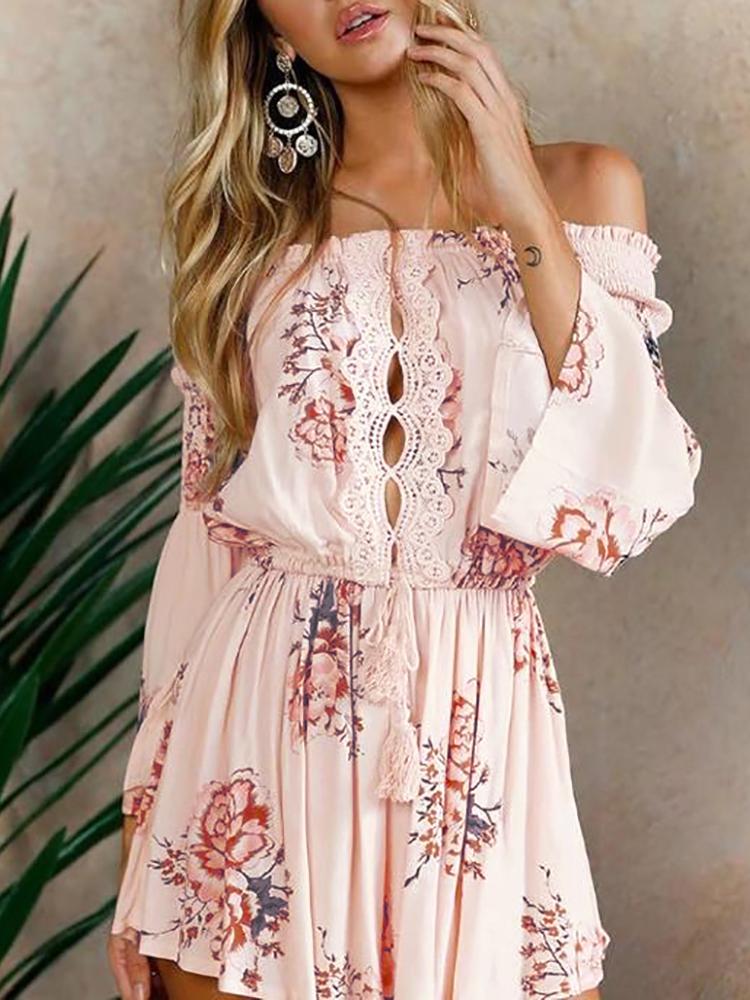 

Shirring Off Shoulder Lacy Floral Print Romper, Pink