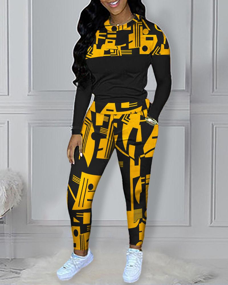 

Geometric Print Long Sleeve Top & Pants Set, Yellow