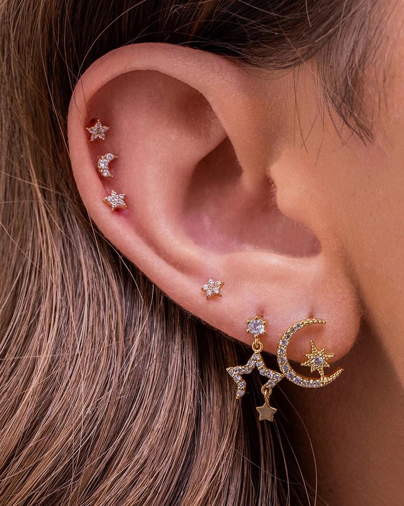 

1pcs Rhinestone Star Moon Shaped Cartilage Earrings Set, Gold