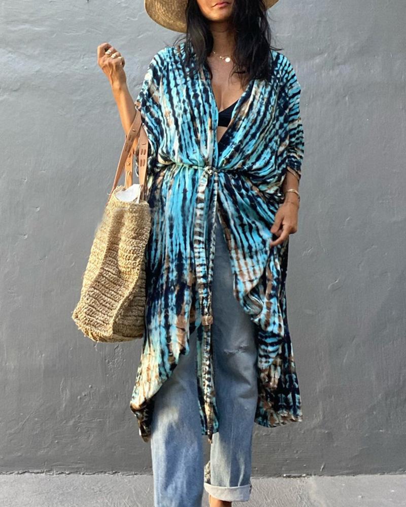 

Tie Dye Print Batwing Sleeve Cover Up, Blue