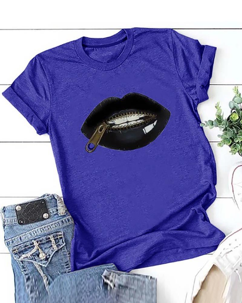 

Lip Zipper Print Short Sleeve Casual T-shirt, Blue