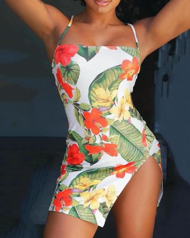 

Slit Floral Print Spaghetti Strap Dress, Multicolor