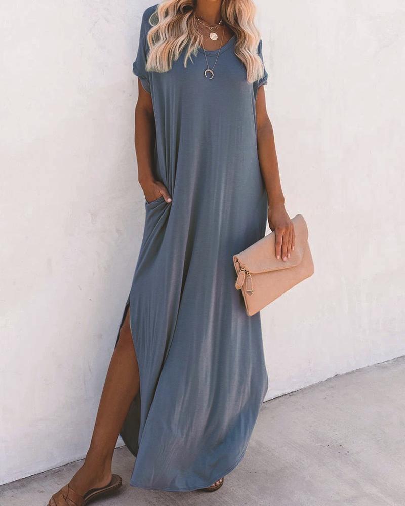 

Pocket Design V-Neck Slit Maxi Dress, Blue